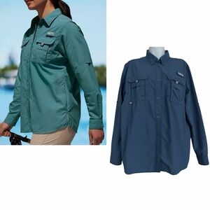 Columbia PFG Bahama Teal Long Sleeve Fishing Shirt Size Large Roll Tab